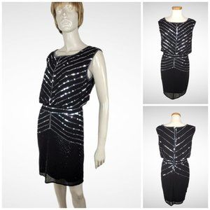 VTG ADRIANNA PAPELL Gatsby Style Black Cocktail Party Dress Beads Sequins SZ 8